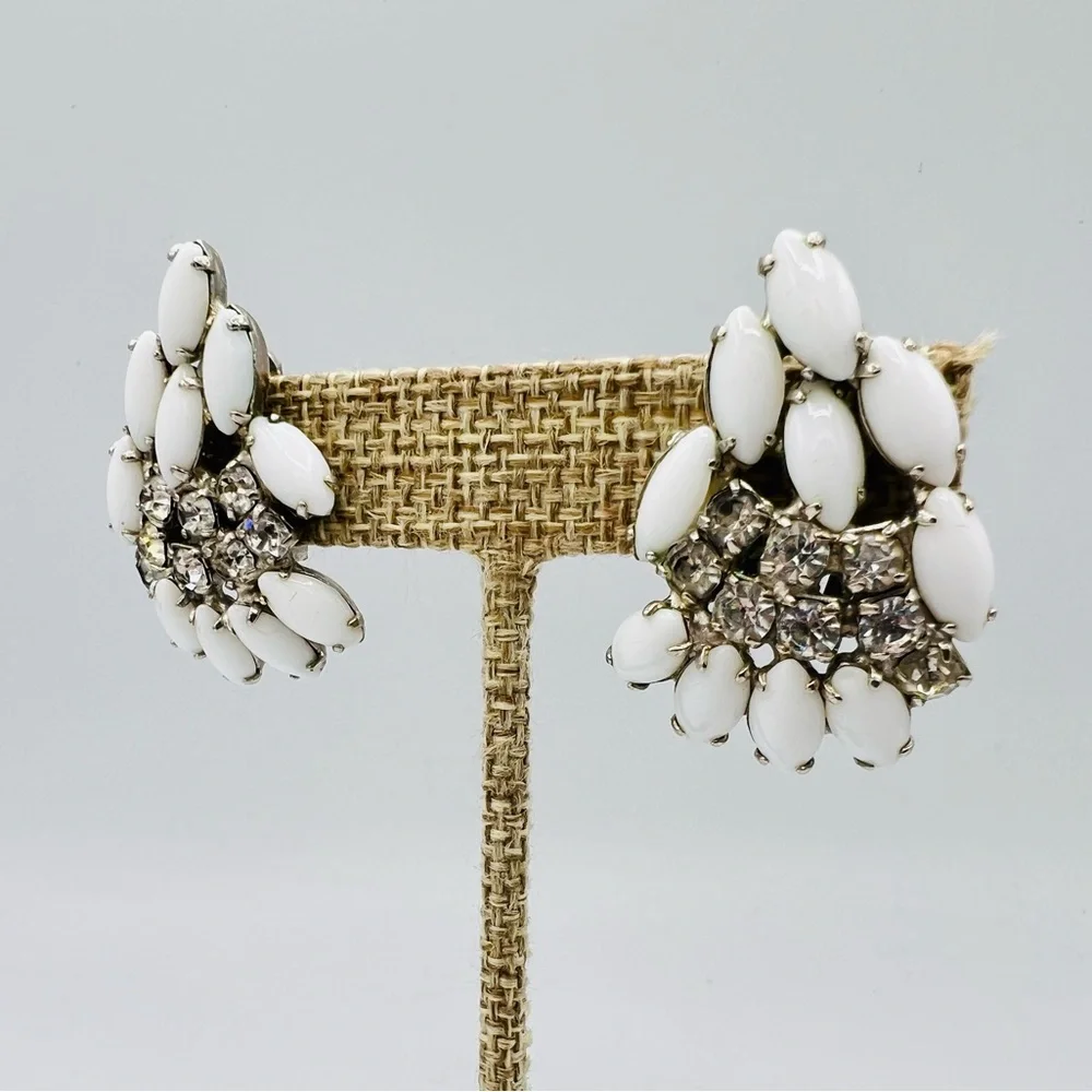 Vintage white glass rhinestone clip on earrings climbers milkglass